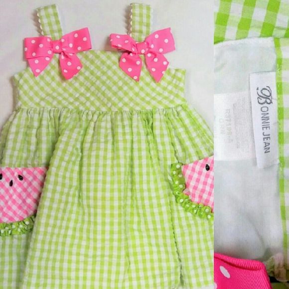 Bonnie Jean Green Pink Watermelon Gingham Size 4 Dress for Kids